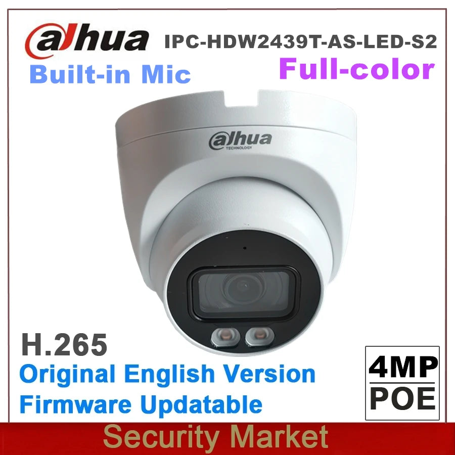 Cámara de red tipo ojo de buey Dahua IPC-HDW2439T-AS-LED-S2 DH 4MP PoE Lite a color, focal fija, original con IP