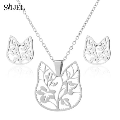 Hermoso conjunto de joyas de acero inoxidable con diseño de gatito y gato en color dorado para hombre, collar con pendientes de gato huecos a la moda, joyería con forma de pata.
