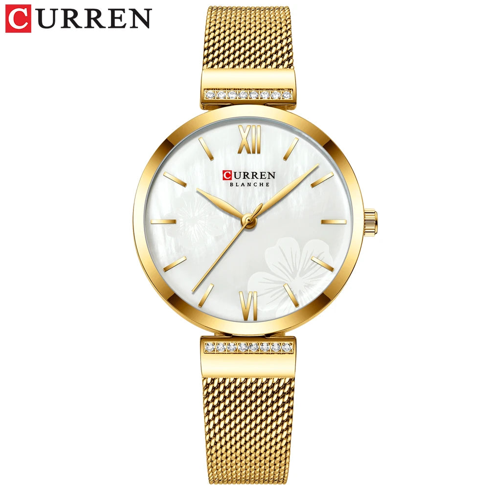 Reloj de moda CURREN para mujer, de lujo, de cuarzo dorado, elegante reloj de pulsera para mujer, reloj de vestir para mujer, acero inoxidable