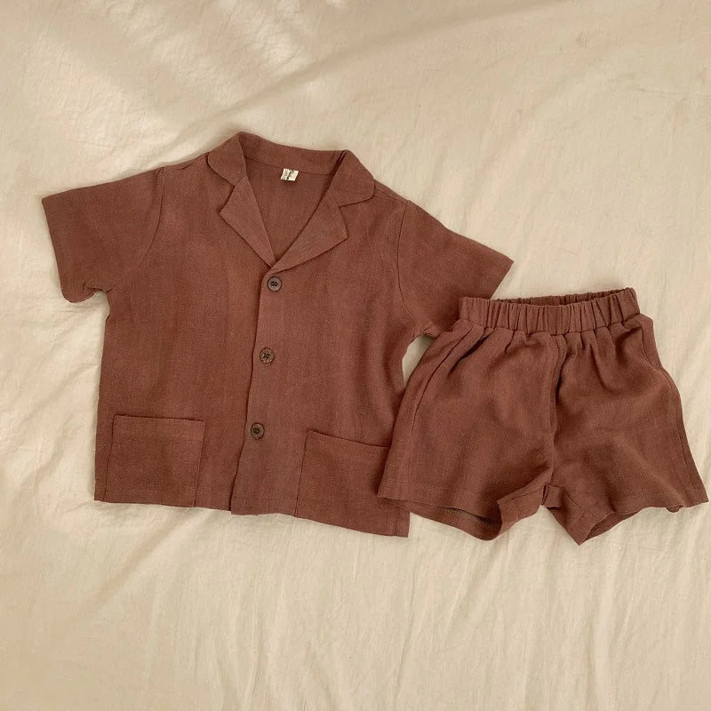 Conjuntos de ropa para bebé niño y niña, camisa y pantalón corto de lino de verano para bebé pequeño, mono con botones de manga corta, ropa para bebé de 1 a 7 años