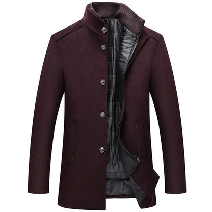 Woolen Coat Men Winter Windbreaker Long Thick Wool Jackets abrigo hombre Man Stand Collar Single Breasted With Vest Woolen Coats