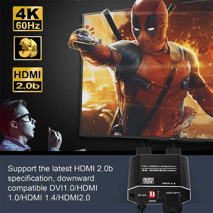Conecta 1 señal a 2 pantallas HDMI 4K a 60 Hz. Divisor HDMI 1 entrada, 2 salidas con cable HDMI de alta velocidad escalar compatible con HDCP 2.2.