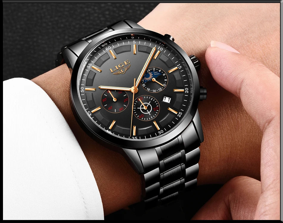 LIGE - Reloj de negocios para hombre, de cuarzo, de lujo, resistente al agua, 3 barras, cronógrafo luminoso, regalo + caja