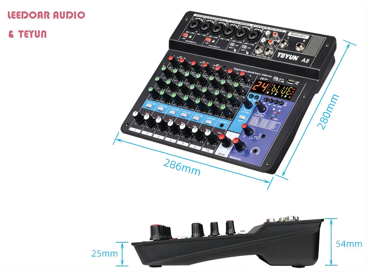 Mesa de mezclas de sonido para DJ TEYUN de 8, 6 y 4 canales, mezclador de audio con 24 efectos DSP, Bluetooth, PC, reproducción USB, grabación, controlador de 48 V, consola de mezclas