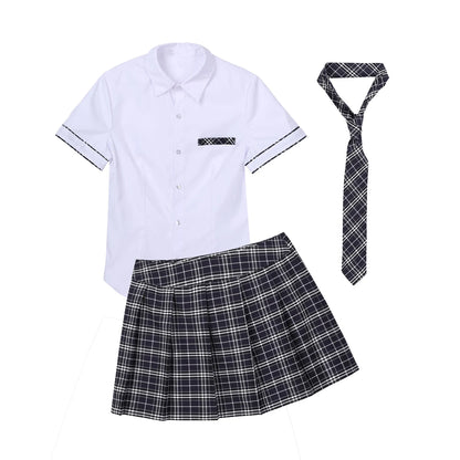 School Girls Outfits Uniform Cosplay Porno Women Adult Sexy Lingerie Costumes Parties Shirt with Plaid Mini Skirt Tie