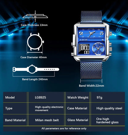 Reloj LIGE de acero negro para hombre, reloj digital con doble pantalla, cronógrafo deportivo, resistente al agua, de cuarzo, estilo militar