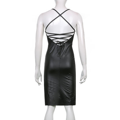 Women Sexy Suspender Mid-length Bodycon Dress Fashion Solid Color Leather Bandage Backless Skinny Split Dress For Female Mujer