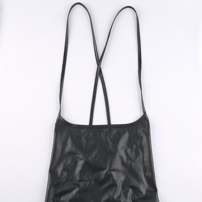 Women Sexy Suspender Mid-length Bodycon Dress Fashion Solid Color Leather Bandage Backless Skinny Split Dress For Female Mujer