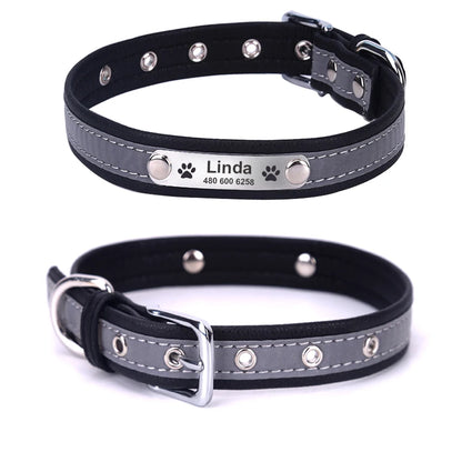 Collar reflectante personalizado para perro, de cuero resistente a las mordeduras, collar para cachorro y gato, collar de identificación, grabado con nombre, número de teléfono, placa de identificación para cachorro