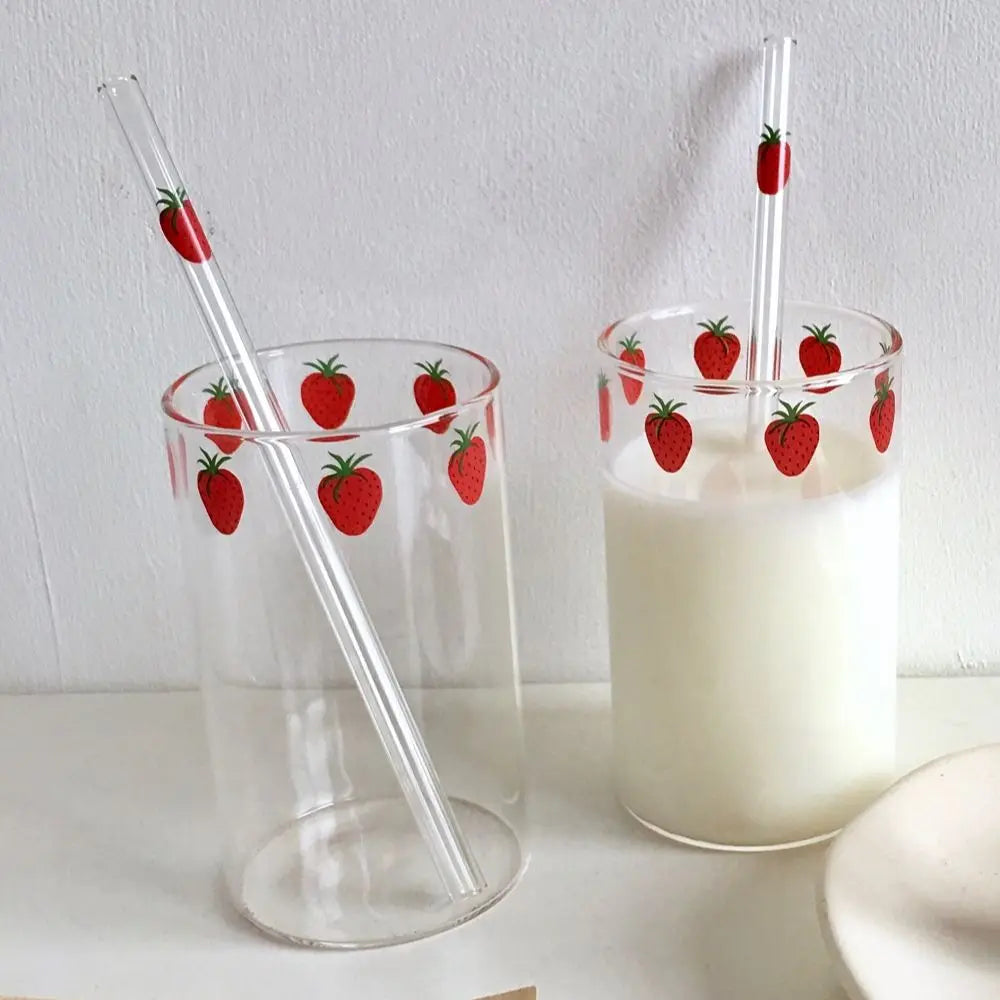 Vaso de cristal con pajita de 300 ml, diseño de fresa, transparente, creativo, resistente al calor, para estudiantes, Nana