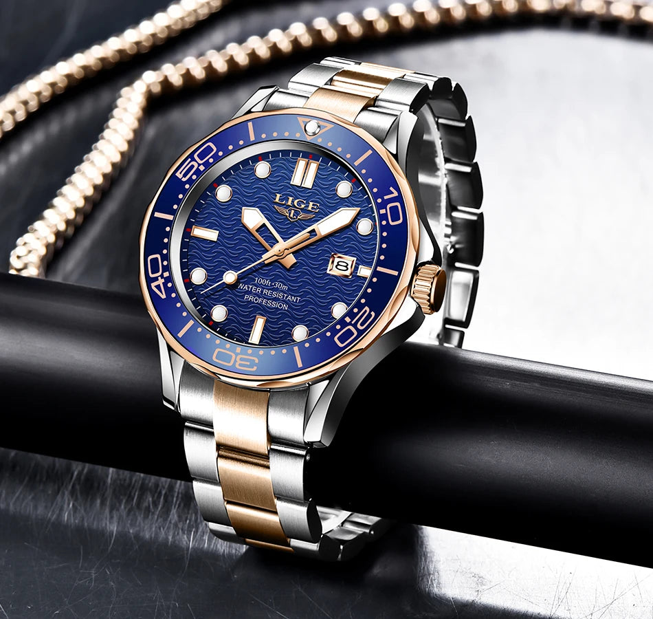 LIGE - Reloj de buceo de lujo para hombre, marca superior, resistente al agua hasta 3 ATM, con fecha, deportivo, de cuarzo, Masculino