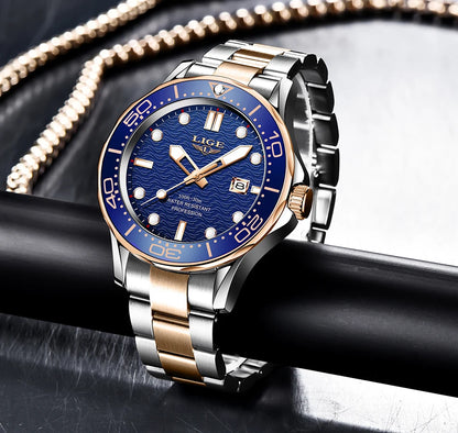 LIGE - Reloj de buceo de lujo para hombre, marca superior, resistente al agua hasta 3 ATM, con fecha, deportivo, de cuarzo, Masculino
