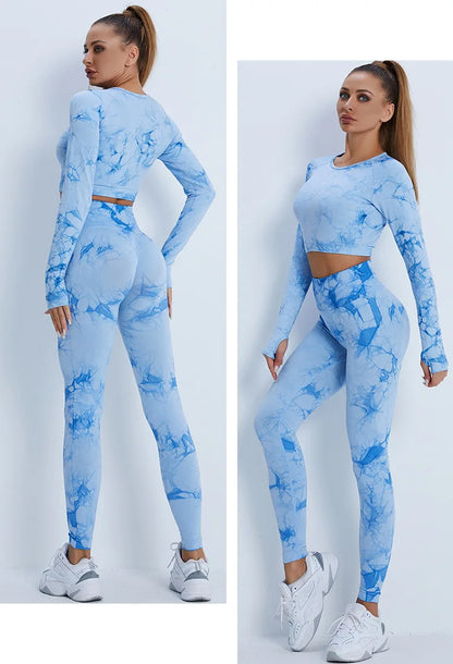 Conjunto de 2 piezas de yoga y gimnasio para mujer, con sujetador deportivo y camiseta de manga larga, leggings con cintura alta, chándal deportivo de moda para niñas.