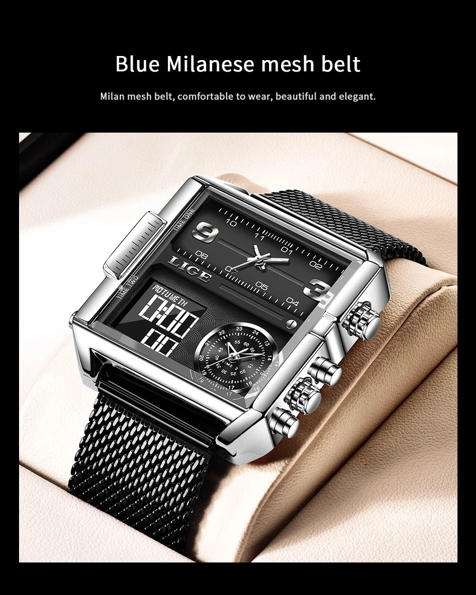 Reloj LIGE de acero negro para hombre, reloj digital con doble pantalla, cronógrafo deportivo, resistente al agua, de cuarzo, estilo militar