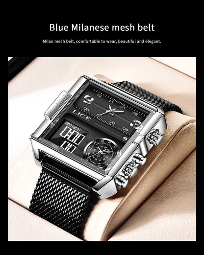 Reloj LIGE de acero negro para hombre, reloj digital con doble pantalla, cronógrafo deportivo, resistente al agua, de cuarzo, estilo militar