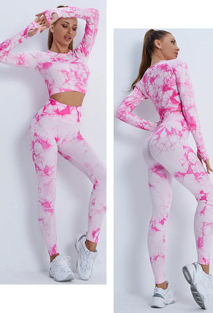 Conjunto de 2 piezas de yoga y gimnasio para mujer, con sujetador deportivo y camiseta de manga larga, leggings con cintura alta, chándal deportivo de moda para niñas.