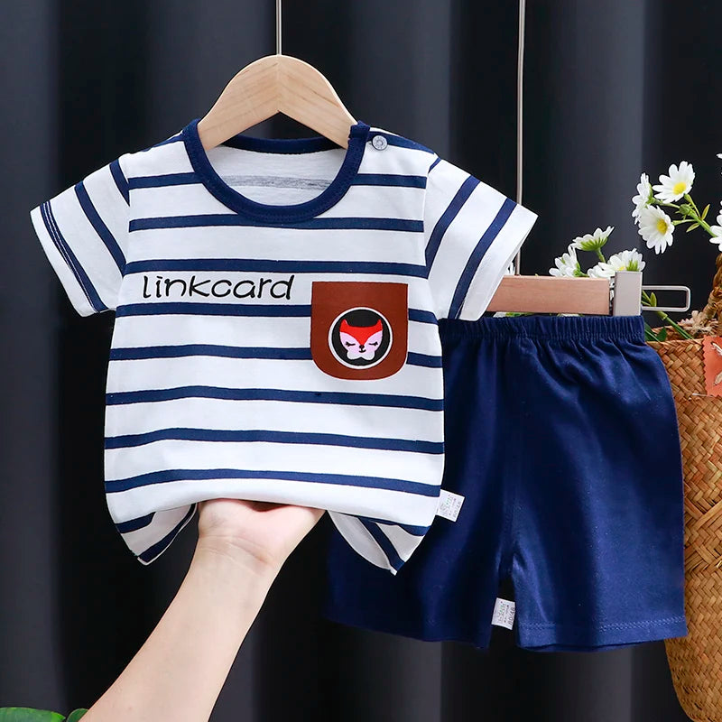 Conjunto de ropa para niños, camiseta y pantalones cortos para bebé niño/niña, ropa de verano de algodón con dibujos animados, chándal informal para niño y bebé.