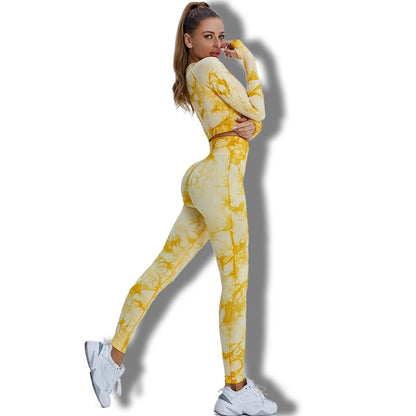 Conjunto de 2 piezas de yoga y gimnasio para mujer, con sujetador deportivo y camiseta de manga larga, leggings con cintura alta, chándal deportivo de moda para niñas.