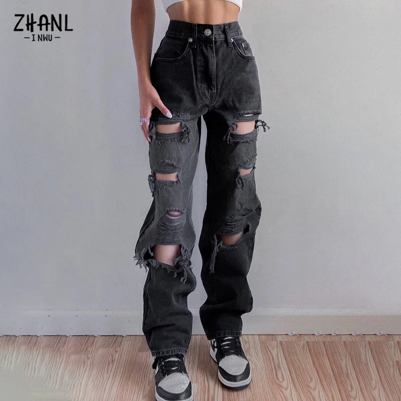 Vaqueros negros rotos de cintura alta para mujer, ropa vintage Y2K, pantalones vaqueros rectos de moda, ropa de calle con agujeros, pantalones vaqueros de hip hop.