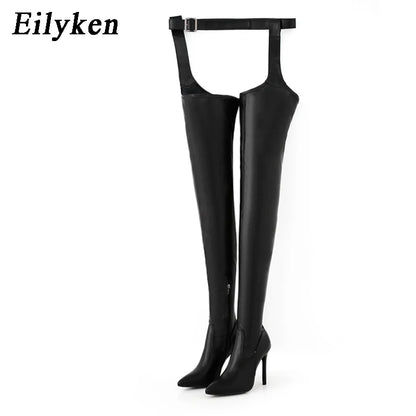 Botas Eilyken sexis de tacón alto y fino con hebilla en la cintura para mujer, botines por encima de la rodilla con punta puntiaguda, zapatos de invierno para mujer