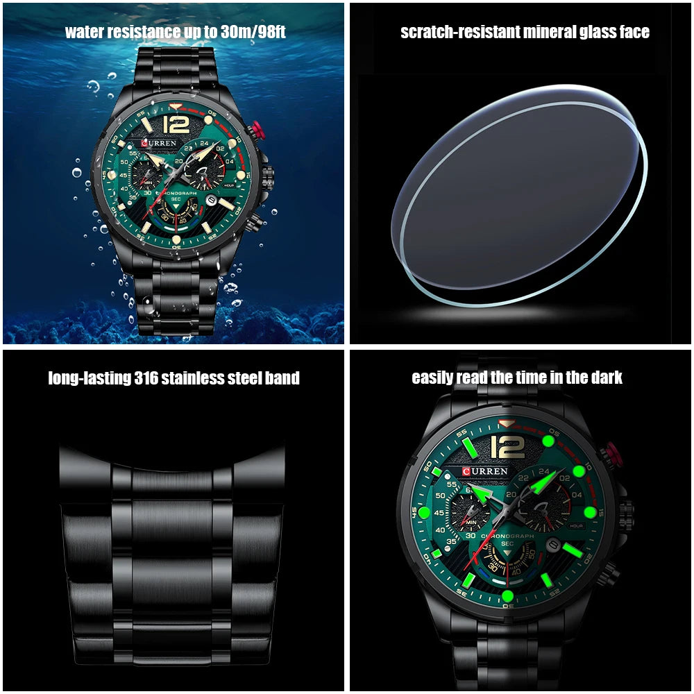Relojes de cuarzo de moda CURREN para hombre, reloj de pulsera deportivo informal con esfera cronógrafo de acero inoxidable y luminoso
