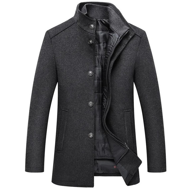 Woolen Coat Men Winter Windbreaker Long Thick Wool Jackets abrigo hombre Man Stand Collar Single Breasted With Vest Woolen Coats