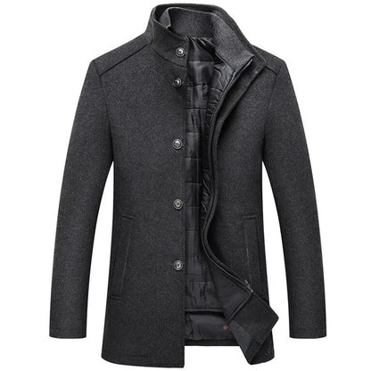 Woolen Coat Men Winter Windbreaker Long Thick Wool Jackets abrigo hombre Man Stand Collar Single Breasted With Vest Woolen Coats