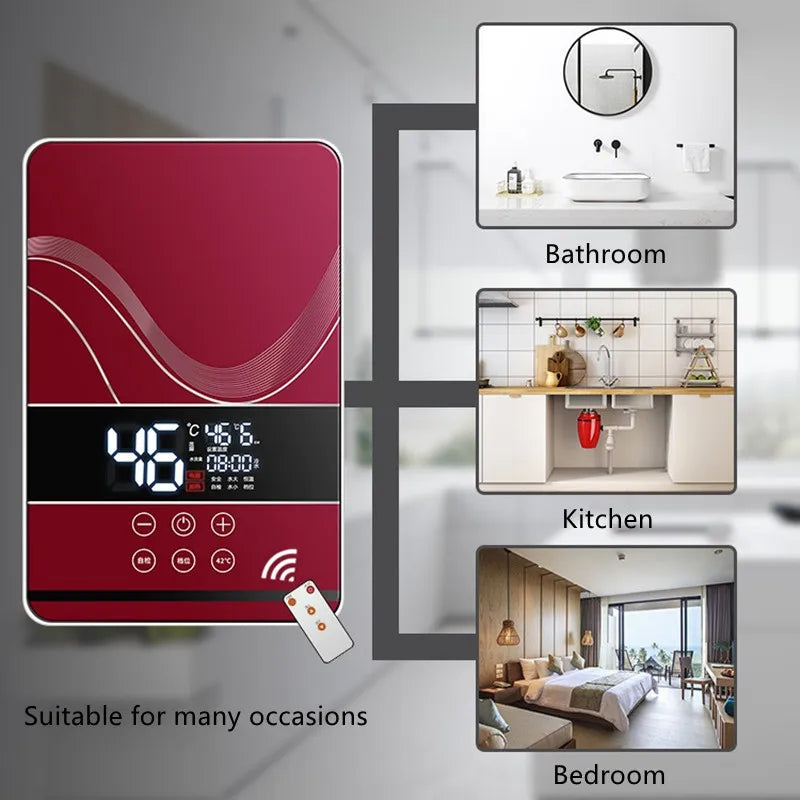 Calentador de agua eléctrico, ducha eléctrica, calentamiento rápido, máquina de CC para el hogar (cocina, baño), agua caliente ilimitada, control remoto