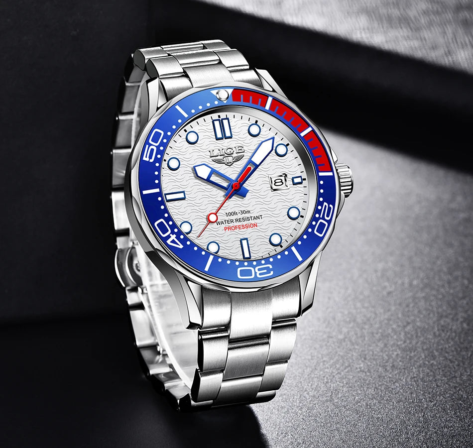 LIGE - Reloj de buceo de lujo para hombre, marca superior, resistente al agua hasta 3 ATM, con fecha, deportivo, de cuarzo, Masculino