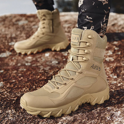 Botas de cuero de alta calidad para hombre, botas tácticas de combate para el desierto, zapatos de senderismo para exteriores, botines de seguridad para el trabajo.