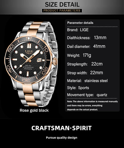 LIGE - Reloj de buceo de lujo para hombre, marca superior, resistente al agua hasta 3 ATM, con fecha, deportivo, de cuarzo, Masculino