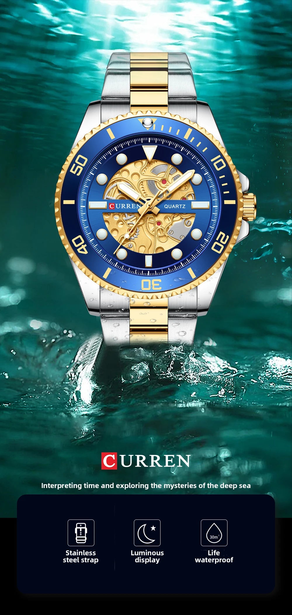 Relojes CURREN, reloj de cuarzo con diseño mecánico imitado, correa de acero inoxidable, relojes de pulsera luminosos para hombre con caja