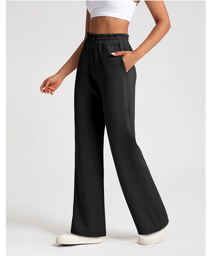 Pantalones de yoga de modal lavados con arena de alta calidad para mujer, mallas de capa de aire de cintura alta, pantalones deportivos rectos y holgados para correr y actividades de ocio.