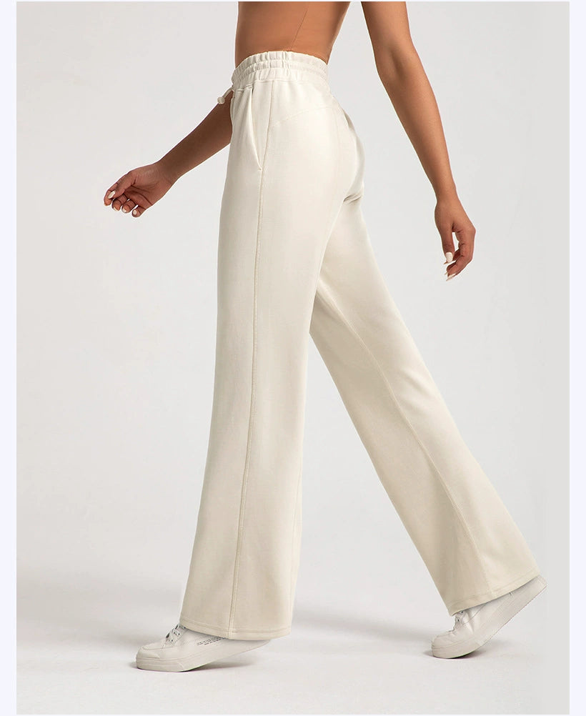 Pantalones de yoga de modal lavados con arena de alta calidad para mujer, mallas de capa de aire de cintura alta, pantalones deportivos rectos y holgados para correr y actividades de ocio.