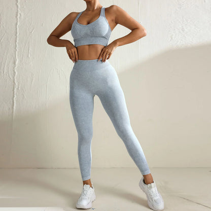 Conjunto de yoga sin costuras con lavado ácido de 2 piezas para mujer, ropa deportiva para gimnasio, leggings, conjunto deportivo para entrenamiento, espalda en V, traje de fitness Teveo para mujer
