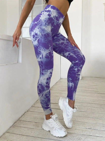 All Seasons Women's Tie Dye Print High Waist Sports Leggings, Breathable Wide Waistband Seamless Skinny Pants for Gym Workout
