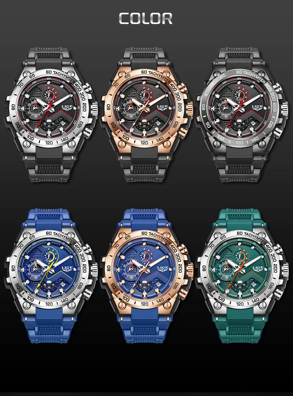 Reloj LIGE para hombre, multifunción, correa de silicona, resistente al agua, luminoso, calendario, moda, deportivo, cuarzo.