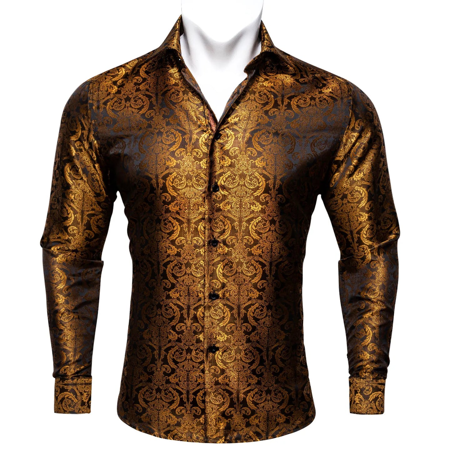 Camisas clásicas negras estampadas y bordadas para hombre, solapa de seda, manga larga, corte formal exquisito, ideales para eventos de negocios y fiestas. Barry.Wang CY-0407