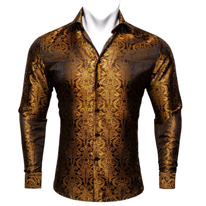 Camisas clásicas negras estampadas y bordadas para hombre, solapa de seda, manga larga, corte formal exquisito, ideales para eventos de negocios y fiestas. Barry.Wang CY-0407