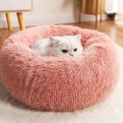 1 cama cómoda de felpa a rayas para mascotas, adecuada para gatos y perros, cálida, nido redondo para dormir profundamente, relleno, gris, suave, para interiores