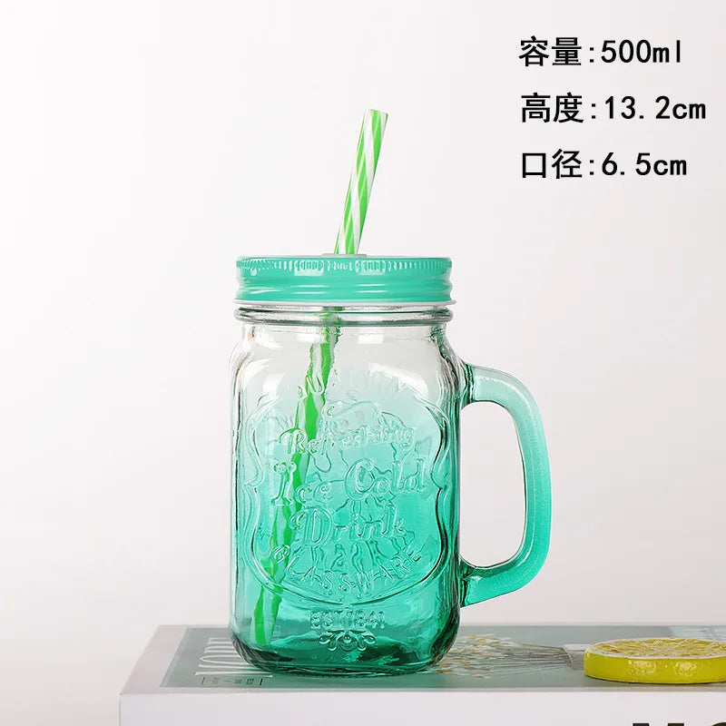 Jarra de vidrio de 480 ml, 500 ml y 16 oz con tapa de hierro y pajita de plástico, cuadrada, con degradado de color.