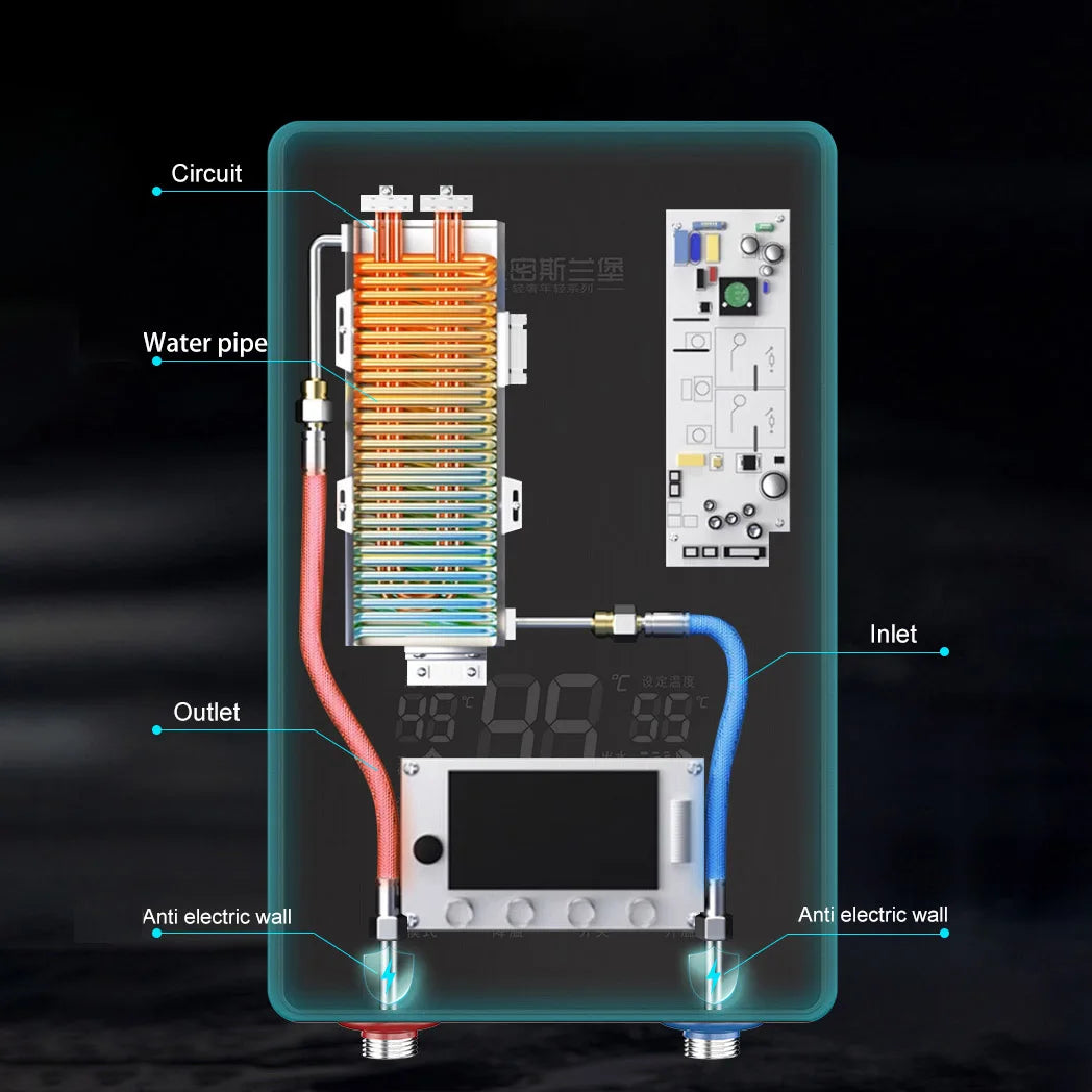 Calentador eléctrico instantáneo de agua IPX4, 7500 kW, calentamiento rápido, sin tanque, con pantalla LED y resistencia al agua.