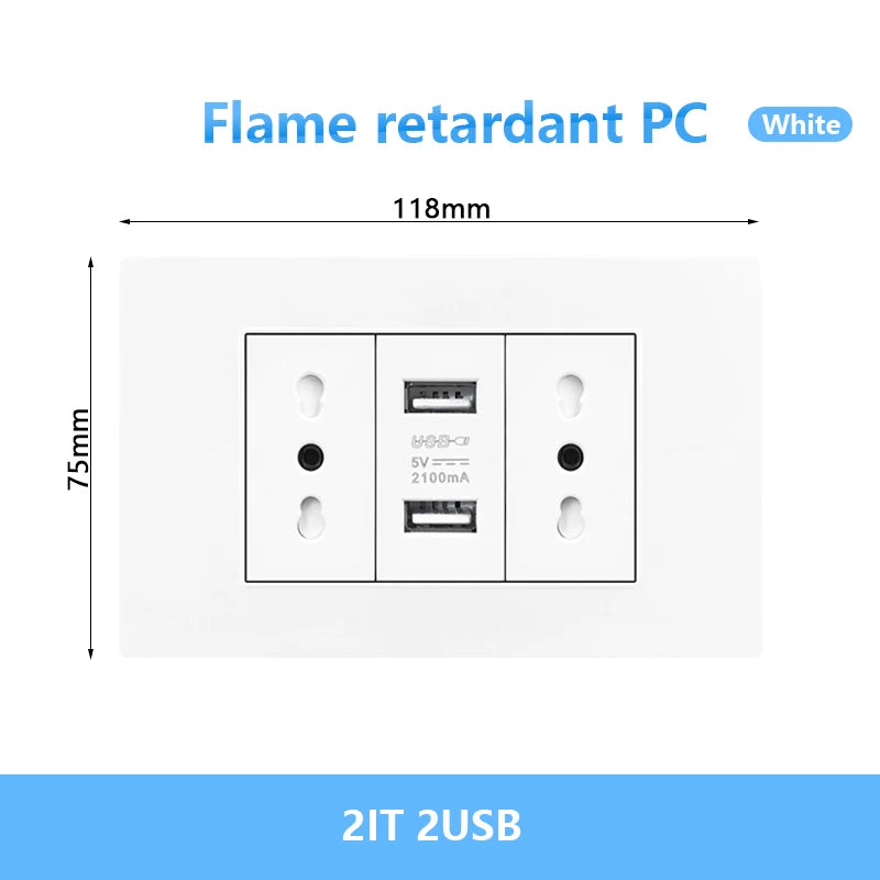 Enchufe de pared USB inteligente tipo C de 20 W con carga rápida para Italia, Chile y México; panel de interruptor de luz eléctrico de Brasil con toma USB-C universal.