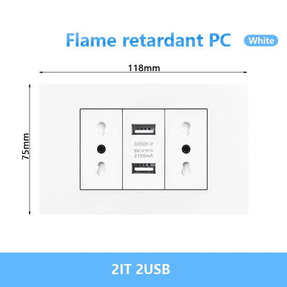 Enchufe de pared USB inteligente tipo C de 20 W con carga rápida para Italia, Chile y México; panel de interruptor de luz eléctrico de Brasil con toma USB-C universal.