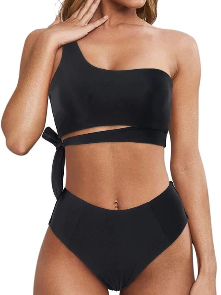 Bikini de un solo hombro para mujer, traje de baño dividido, color liso, traje de baño de playa de verano, traje de baño para mujer