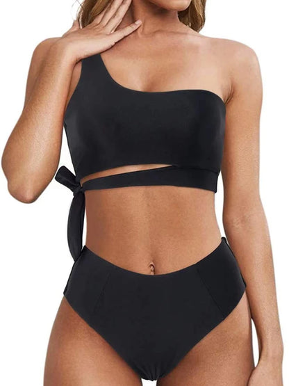Bikini de un solo hombro para mujer, traje de baño dividido, color liso, traje de baño de playa de verano, traje de baño para mujer