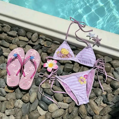 Conjunto de bikini Miniso Hello Kitty Kawaii con cordones, sujetador halter a rayas, ropa interior de dos piezas estilo Y2K, traje de baño Lolita rosa para niñas