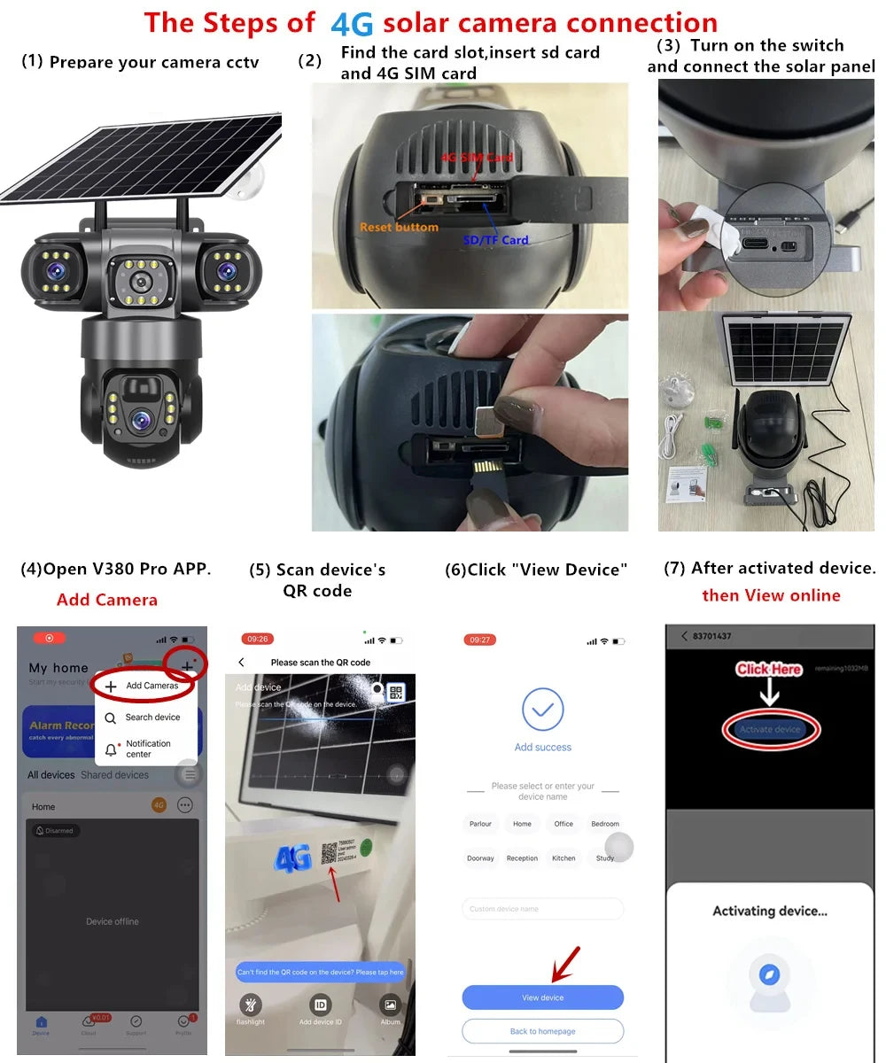 Cámara de seguridad CCTV V380 Pro 4K 8MP con 2 lentes, WiFi 4G, energía solar, visión nocturna PIR para exteriores, IP66, batería de bajo consumo.