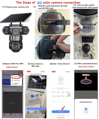 Cámara de seguridad CCTV V380 Pro 4K 8MP con 2 lentes, WiFi 4G, energía solar, visión nocturna PIR para exteriores, IP66, batería de bajo consumo.