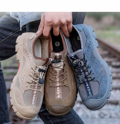 Zapatos de seguridad de piel de vaca, transpirables, para hombre, con puntera de acero, resistentes a impactos, botas de trabajo, indestructibles, zapatillas de trabajo modernas.